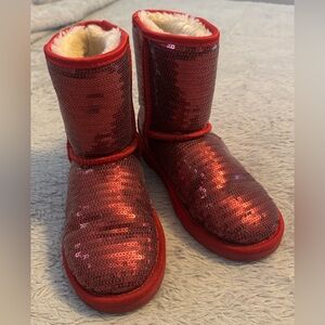 UGG Bright Red/Fuchsia Hued Sequined Boots Girls Size 3 Stylish & Comfortable